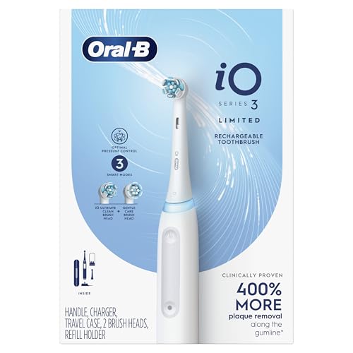 Oral-B Rechargeable Electric Toothbrush, iO3 Limited Deep Clean, 3 Cleaning Modes, Visual Pressure Sensor to Protect Gums, 2 Brush Heads, Travel Case, Black