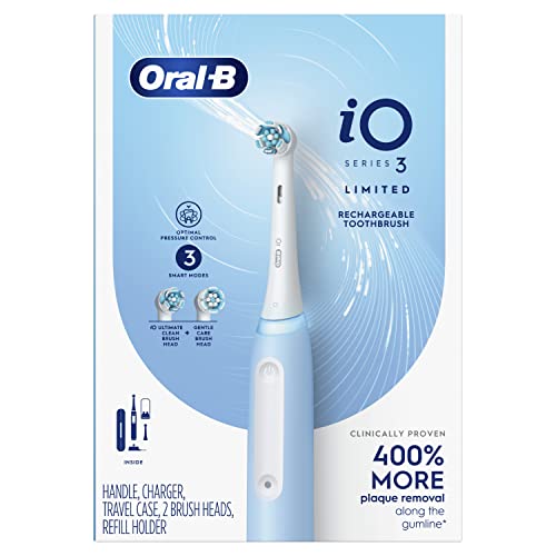 Oral-B Rechargeable Electric Toothbrush, iO3 Limited Deep Clean, 3 Cleaning Modes, Visual Pressure Sensor to Protect Gums, 2 Brush Heads, Travel Case, Black