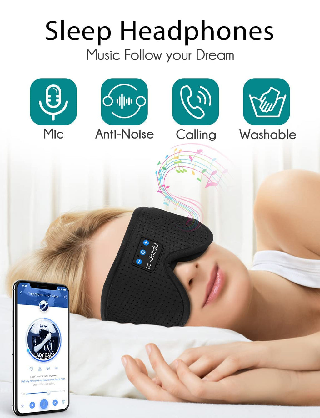 LC-dolida Sleep Headphones, 3D Sleep Mask Bluetooth Wireless Music Eye Mask, Sleeping Headphones for Side Sleepers Sleep Mask with Bluetooth Headphones Ultra-Thin Stereo Speakers Perfect for Sleeping