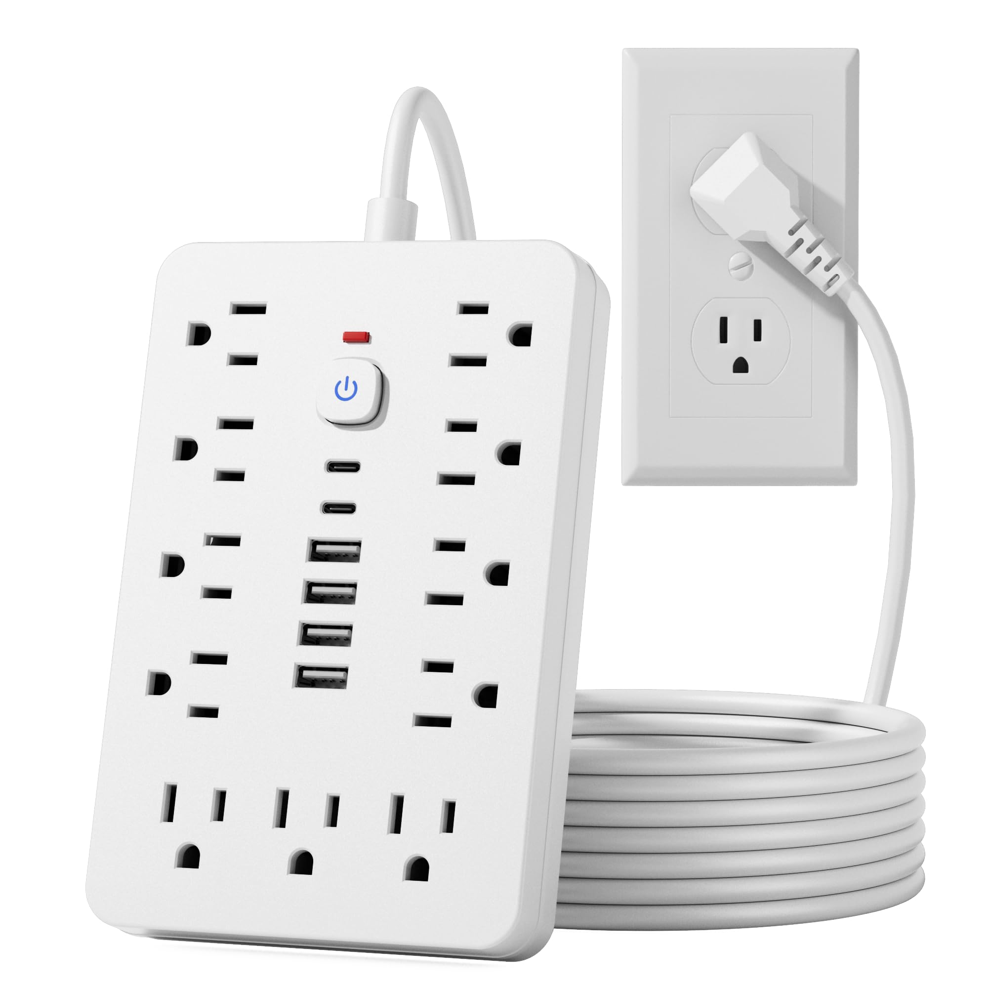 JouleLoom 6 FT Flat Plug Surge Protector Power Strip,11 Multiple AC Outlets with 6 USB Ports (2 USB C), 6 Feet Extension Cord, 1250W/10A, One Touch Switch Button, 17 in 1 Compact powerstrip
