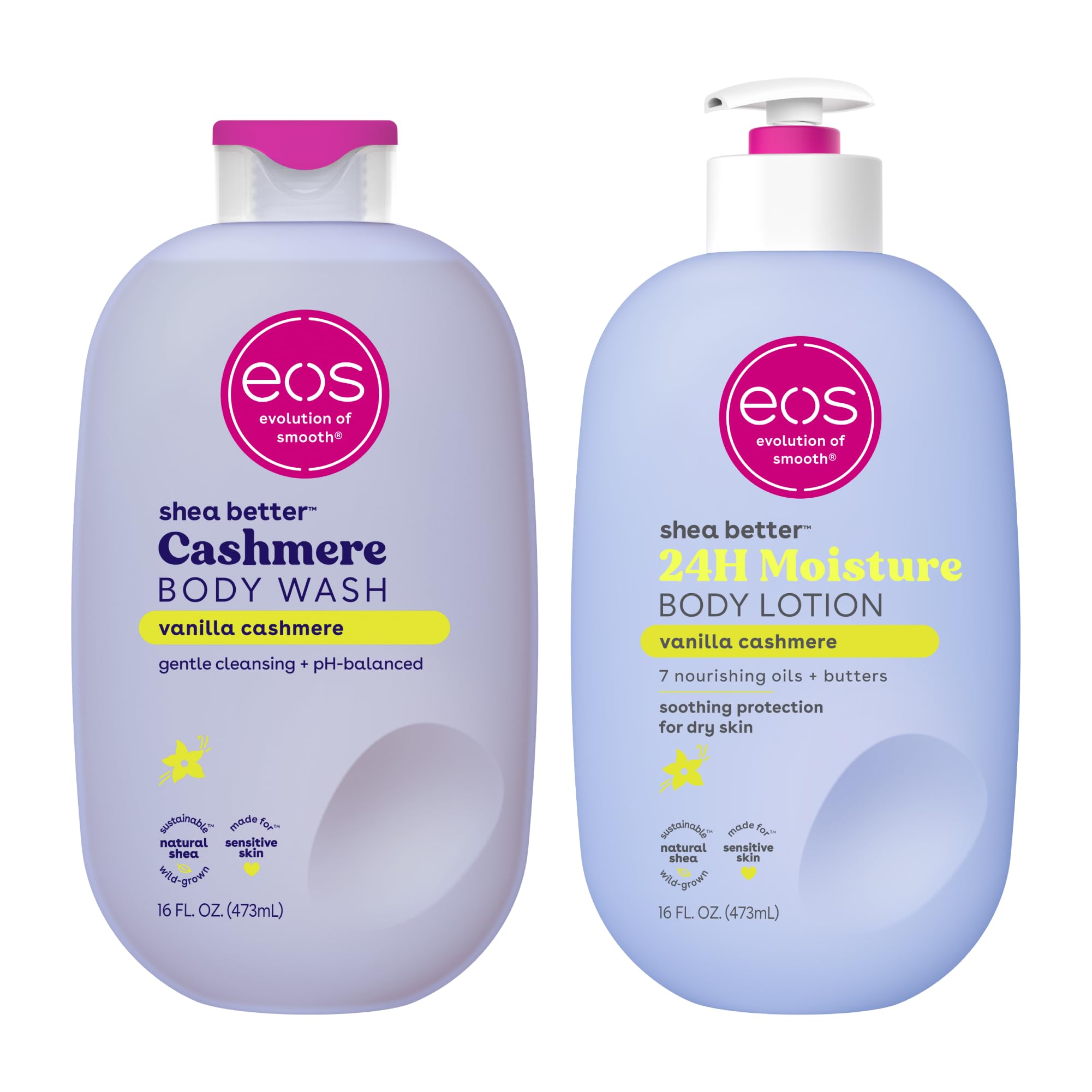 eos Shea Better Body Lotion Vanilla Cashmere, 24-Hour Moisture Skin Care, Lightweight & Non-Greasy, Natural Shea, Vegan, Vanilla Body Lotion, 16 fl oz