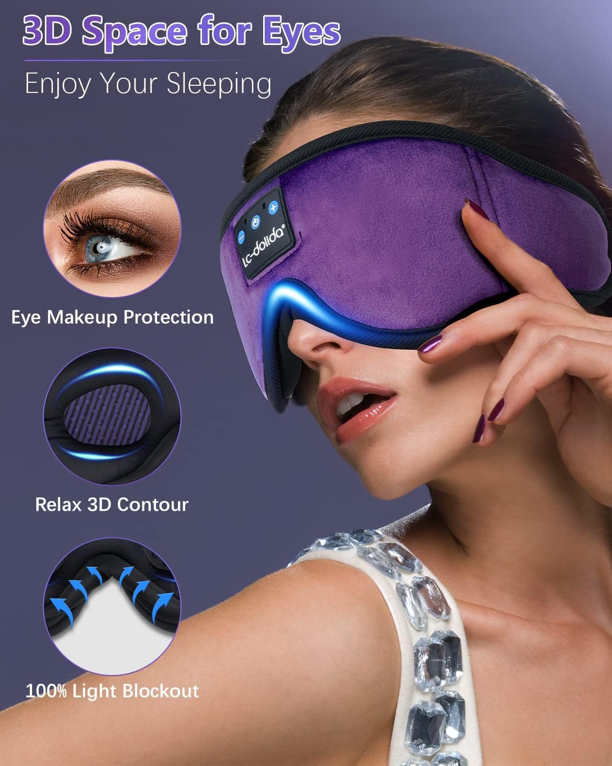 LC-dolida Sleep Headphones, 3D Sleep Mask Bluetooth Wireless Music Eye Mask, Sleeping Headphones for Side Sleepers Sleep Mask with Bluetooth Headphones Ultra-Thin Stereo Speakers Perfect for Sleeping