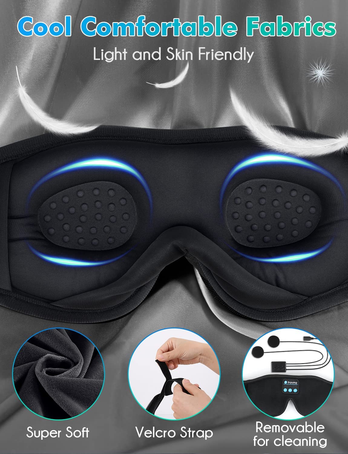LC-dolida Sleep Headphones, 3D Sleep Mask Bluetooth Wireless Music Eye Mask, Sleeping Headphones for Side Sleepers Sleep Mask with Bluetooth Headphones Ultra-Thin Stereo Speakers Perfect for Sleeping