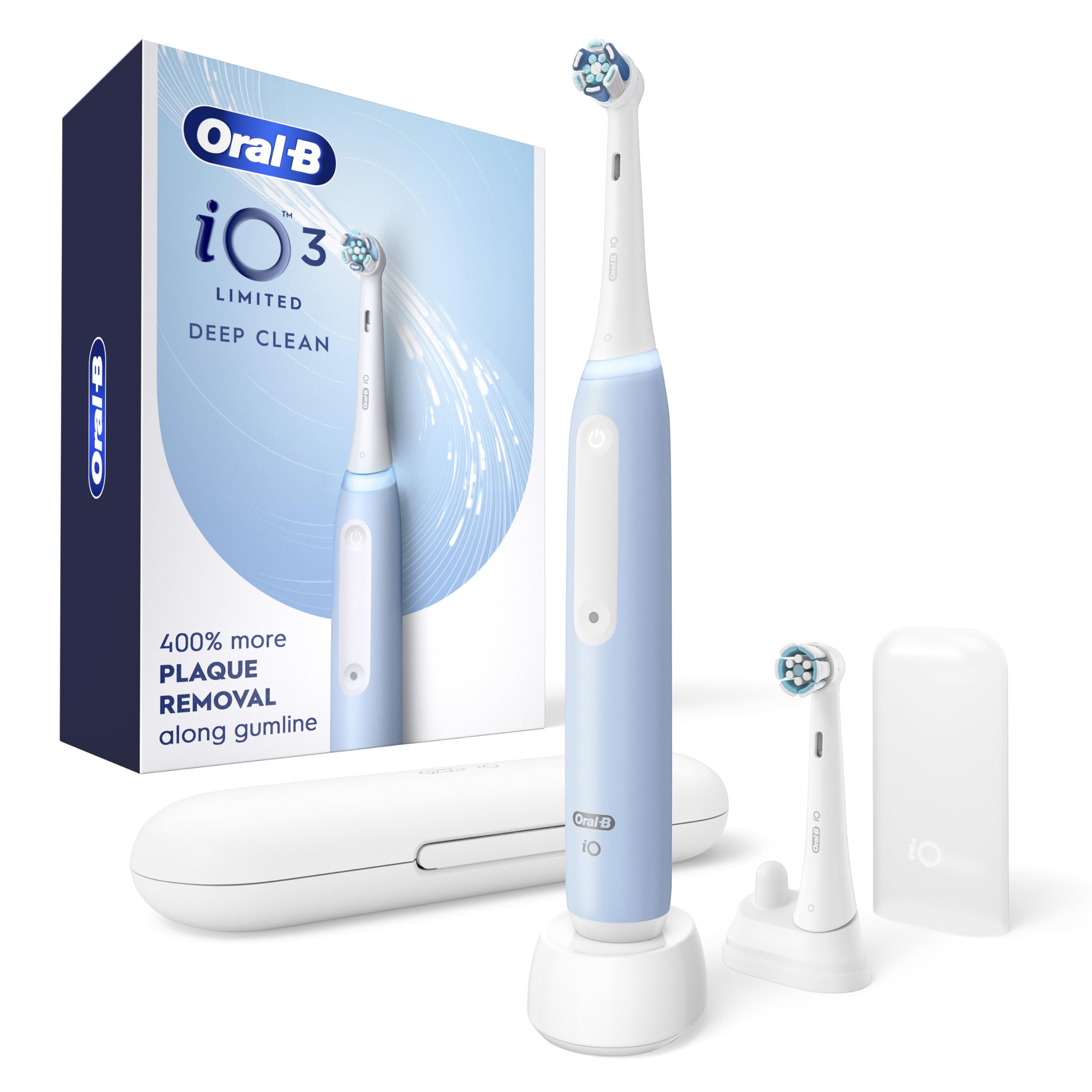Oral-B Rechargeable Electric Toothbrush, iO3 Limited Deep Clean, 3 Cleaning Modes, Visual Pressure Sensor to Protect Gums, 2 Brush Heads, Travel Case, Black