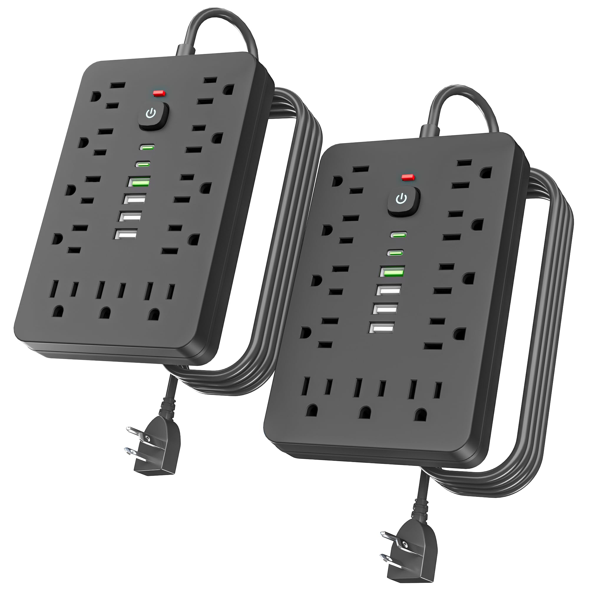 JouleLoom 6 FT Flat Plug Surge Protector Power Strip,11 Multiple AC Outlets with 6 USB Ports (2 USB C), 6 Feet Extension Cord, 1250W/10A, One Touch Switch Button, 17 in 1 Compact powerstrip