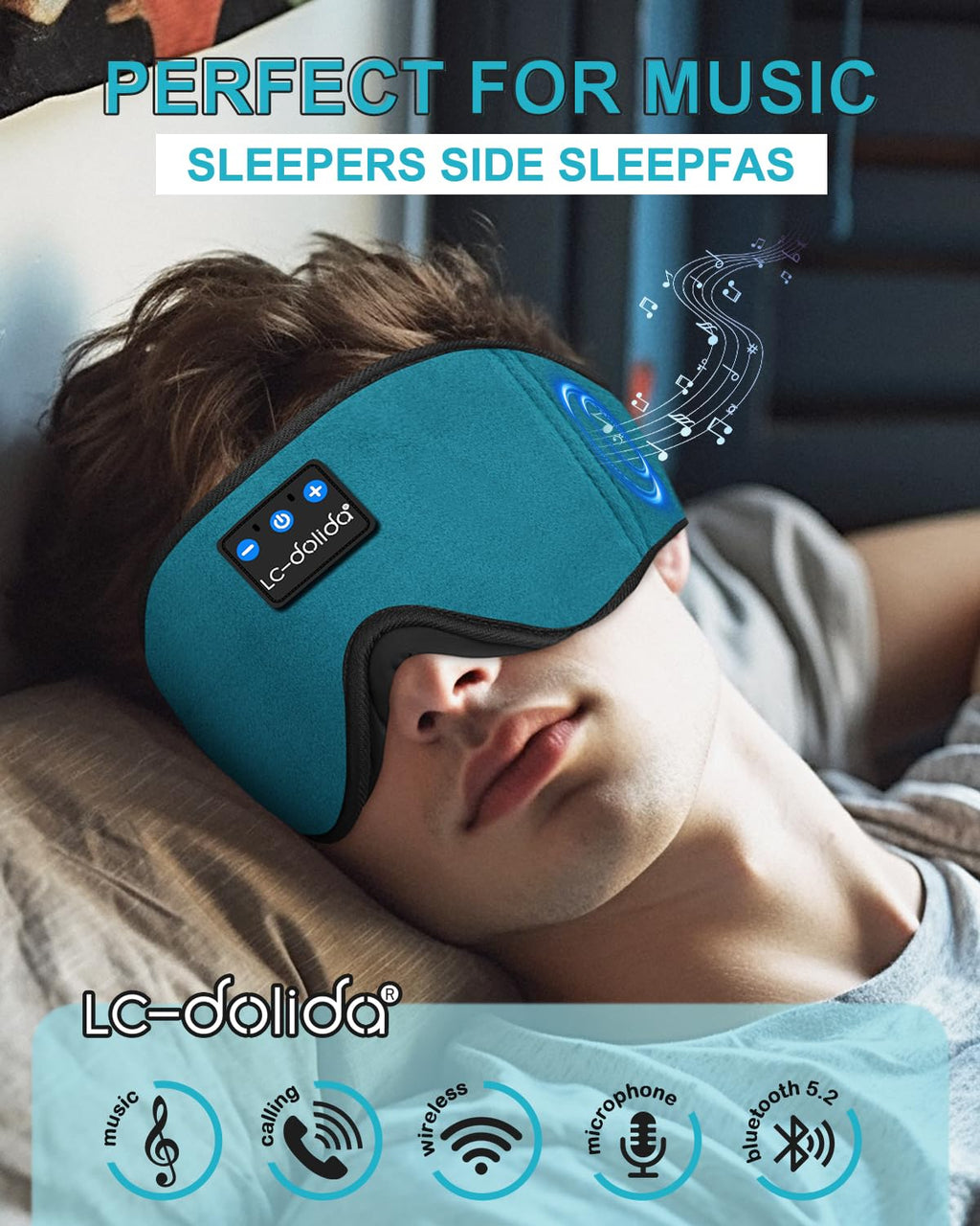 LC-dolida Sleep Headphones, 3D Sleep Mask Bluetooth Wireless Music Eye Mask, Sleeping Headphones for Side Sleepers Sleep Mask with Bluetooth Headphones Ultra-Thin Stereo Speakers Perfect for Sleeping
