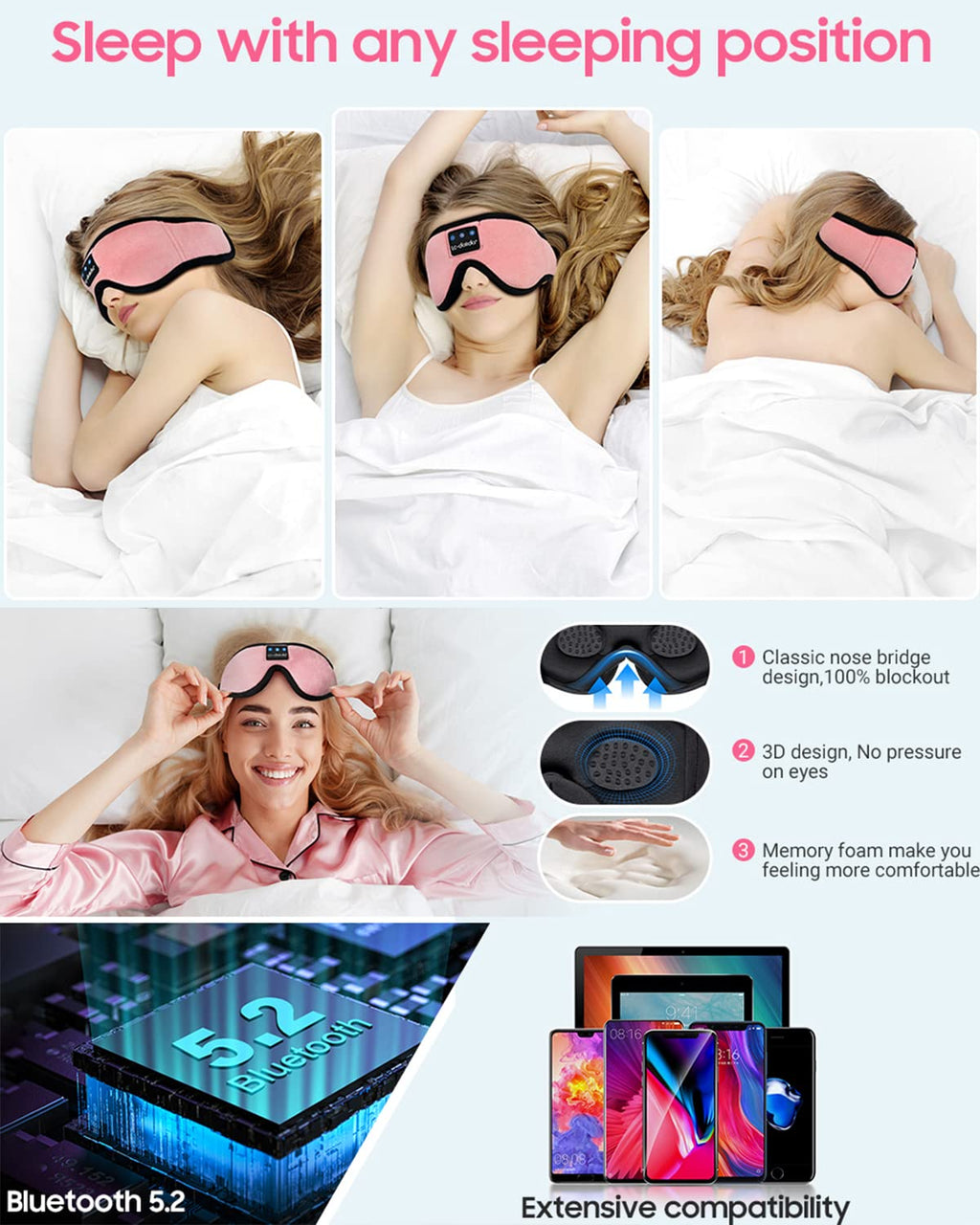 LC-dolida Sleep Headphones, 3D Sleep Mask Bluetooth Wireless Music Eye Mask, Sleeping Headphones for Side Sleepers Sleep Mask with Bluetooth Headphones Ultra-Thin Stereo Speakers Perfect for Sleeping