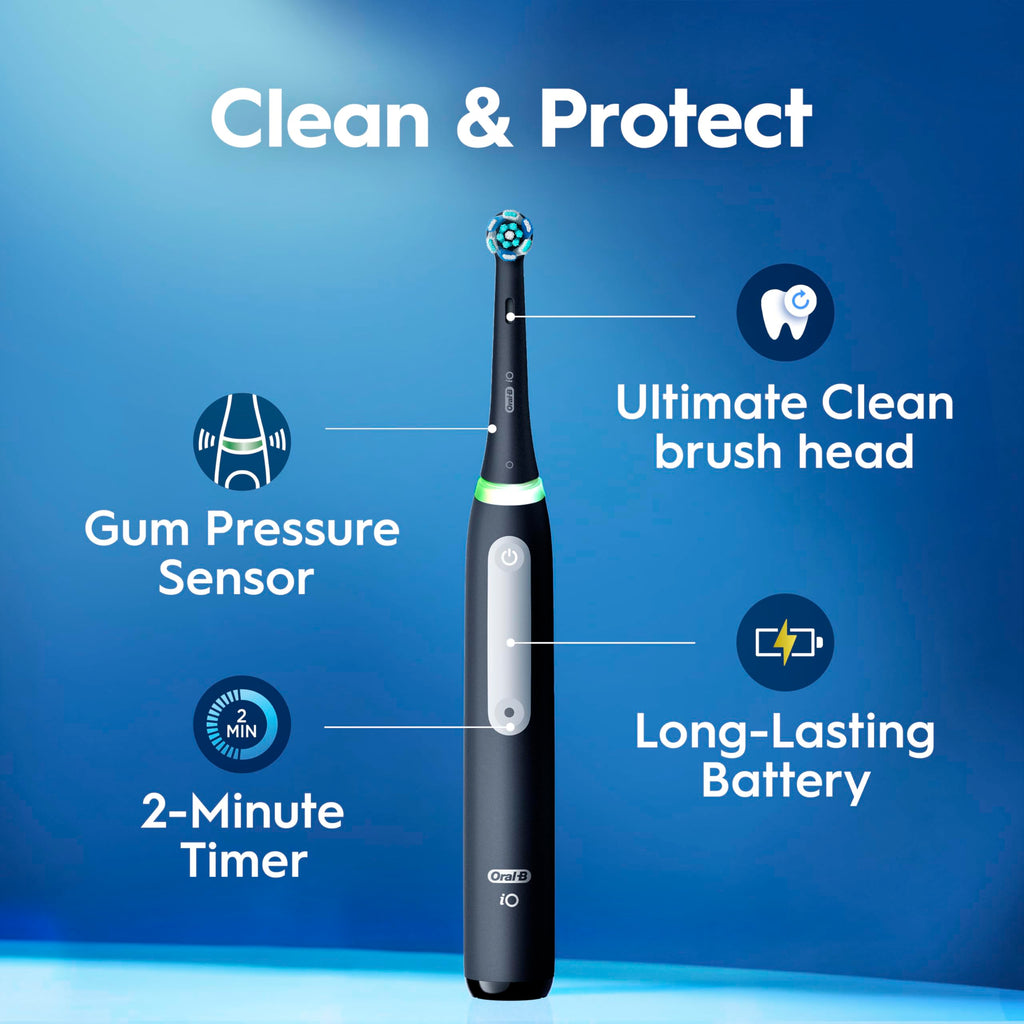 Oral-B Rechargeable Electric Toothbrush, iO3 Limited Deep Clean, 3 Cleaning Modes, Visual Pressure Sensor to Protect Gums, 2 Brush Heads, Travel Case, Black