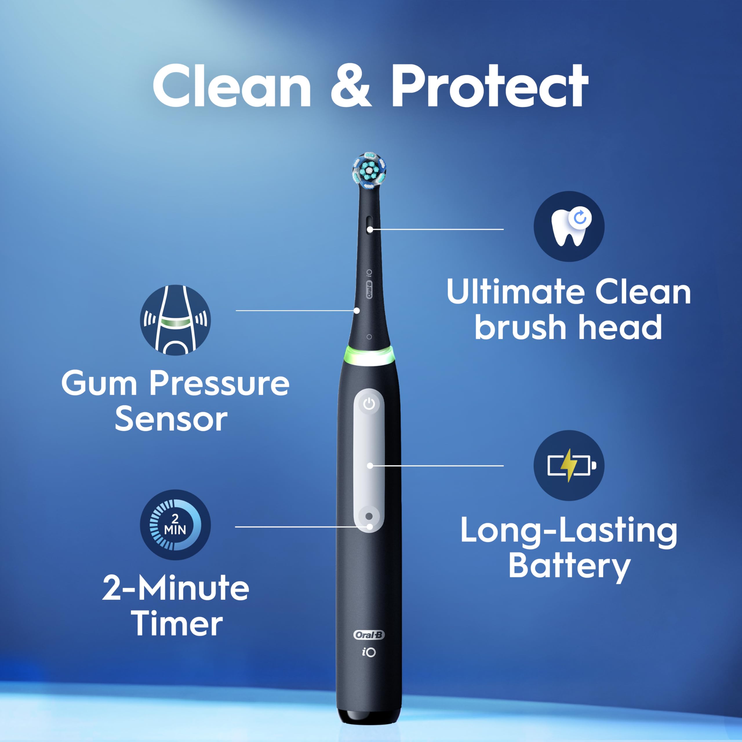 Oral-B Rechargeable Electric Toothbrush, iO3 Limited Deep Clean, 3 Cleaning Modes, Visual Pressure Sensor to Protect Gums, 2 Brush Heads, Travel Case, Black