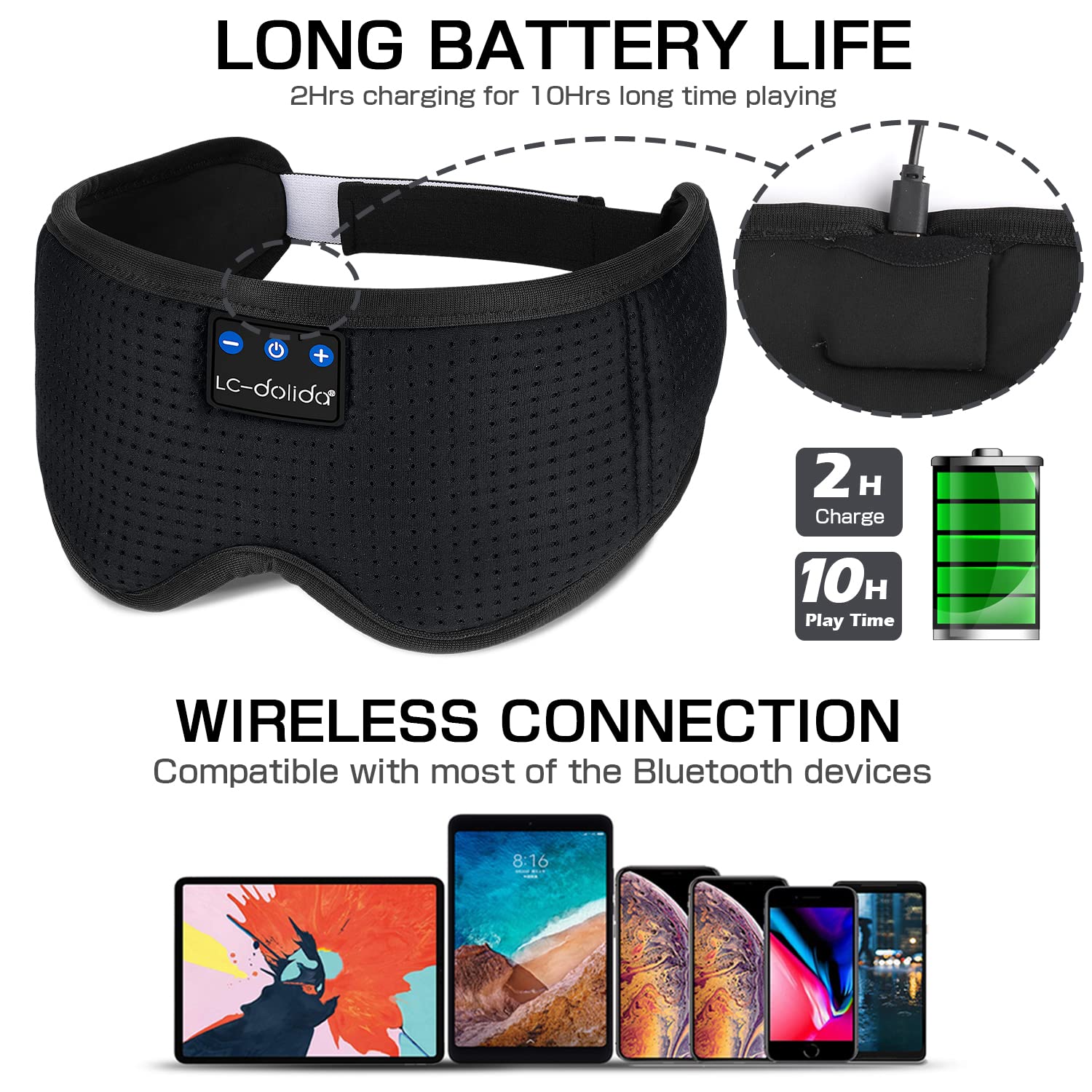 LC-dolida Sleep Headphones, 3D Sleep Mask Bluetooth Wireless Music Eye Mask, Sleeping Headphones for Side Sleepers Sleep Mask with Bluetooth Headphones Ultra-Thin Stereo Speakers Perfect for Sleeping