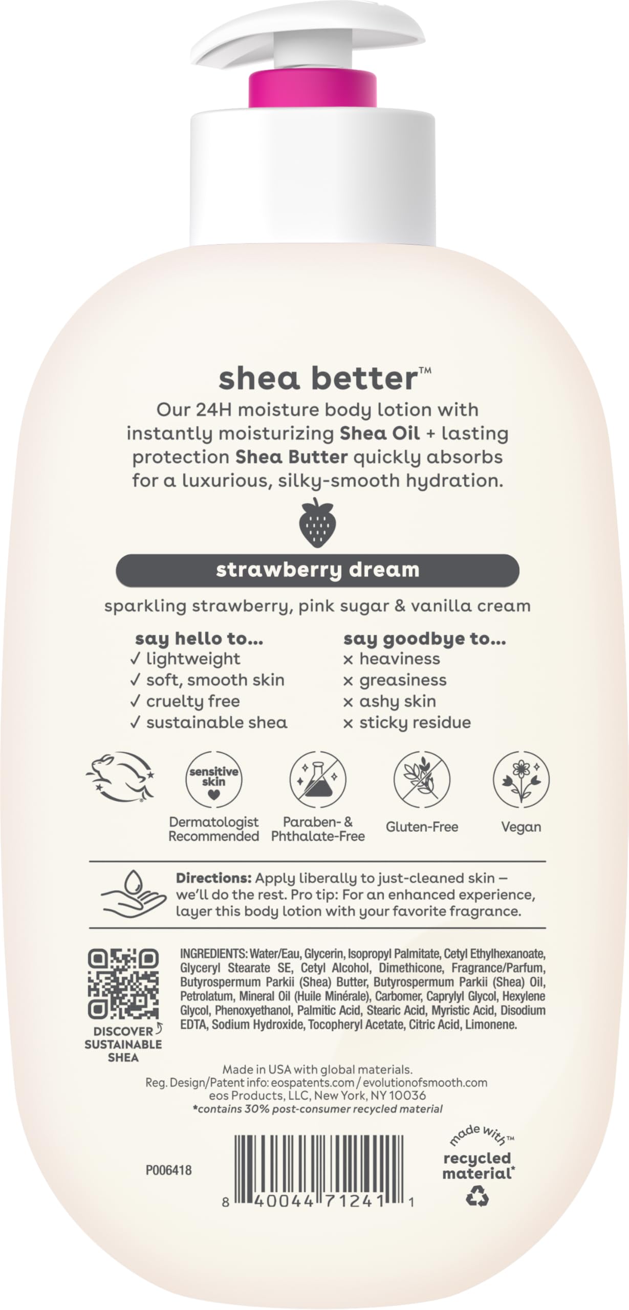 eos Shea Better Body Lotion Vanilla Cashmere, 24-Hour Moisture Skin Care, Lightweight & Non-Greasy, Natural Shea, Vegan, Vanilla Body Lotion, 16 fl oz