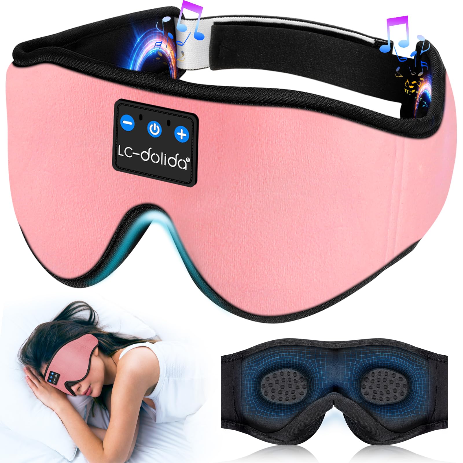 LC-dolida Sleep Headphones, 3D Sleep Mask Bluetooth Wireless Music Eye Mask, Sleeping Headphones for Side Sleepers Sleep Mask with Bluetooth Headphones Ultra-Thin Stereo Speakers Perfect for Sleeping