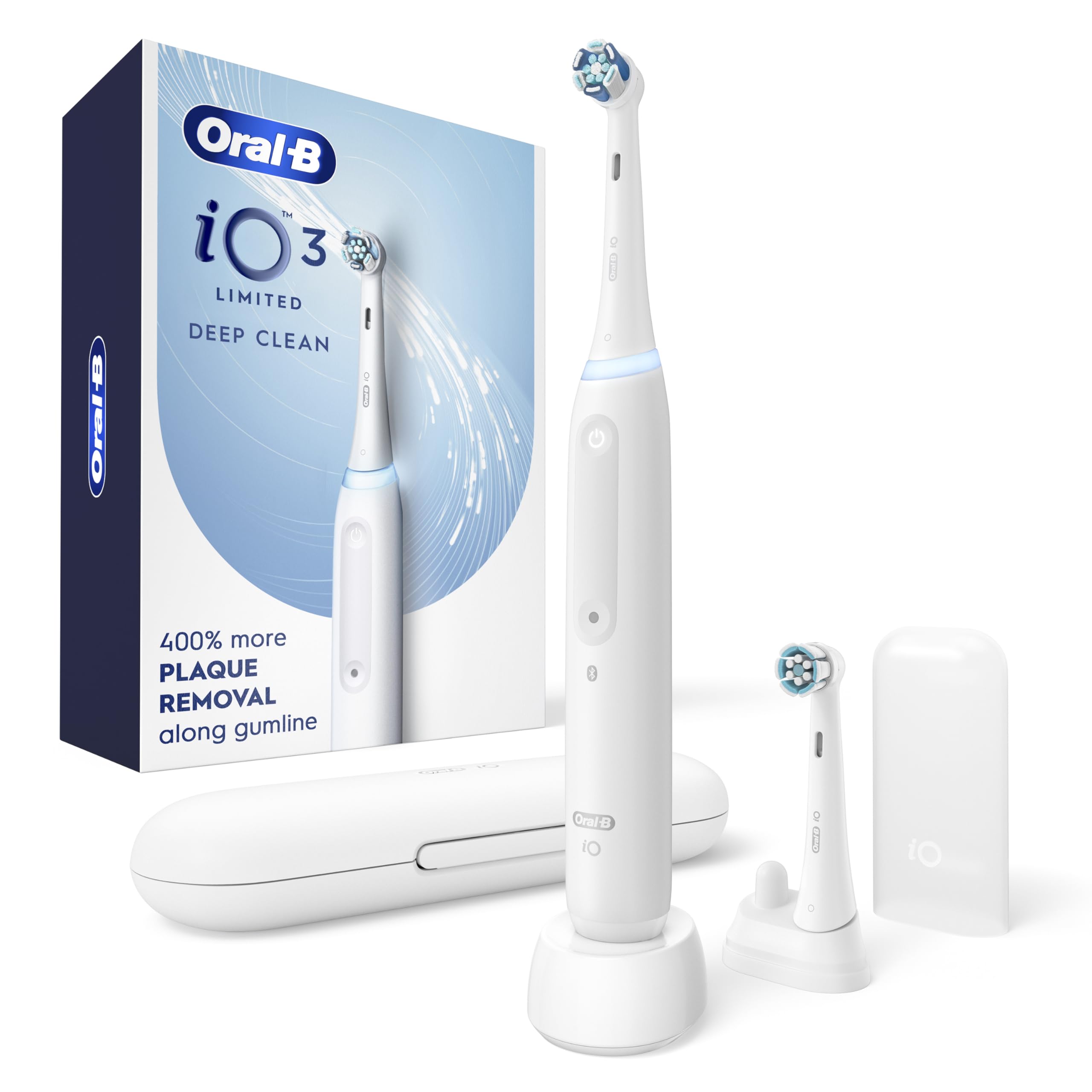 Oral-B Rechargeable Electric Toothbrush, iO3 Limited Deep Clean, 3 Cleaning Modes, Visual Pressure Sensor to Protect Gums, 2 Brush Heads, Travel Case, Black