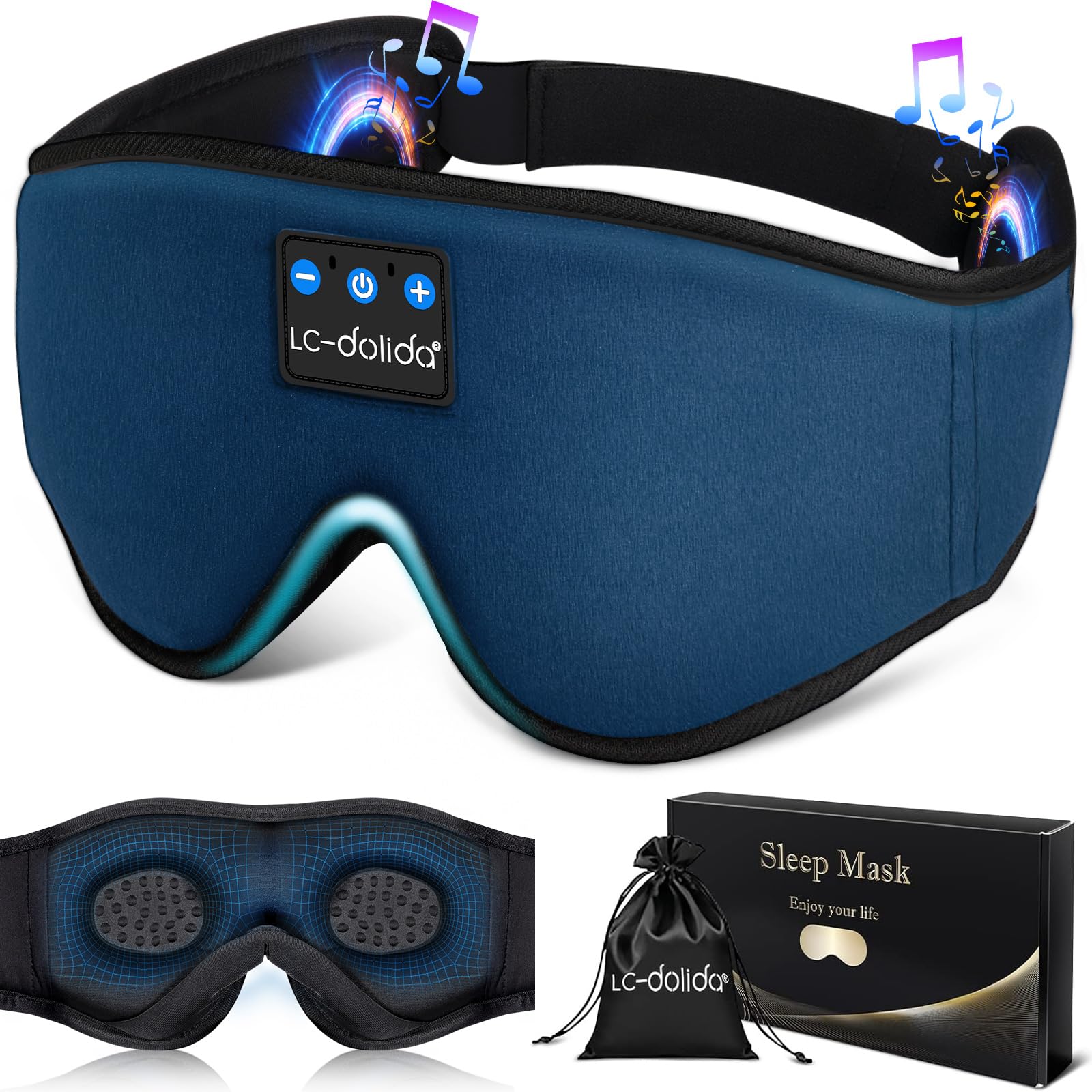 LC-dolida Sleep Headphones, 3D Sleep Mask Bluetooth Wireless Music Eye Mask, Sleeping Headphones for Side Sleepers Sleep Mask with Bluetooth Headphones Ultra-Thin Stereo Speakers Perfect for Sleeping