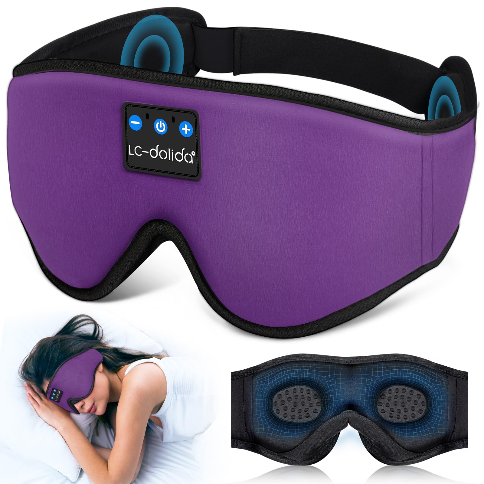 LC-dolida Sleep Headphones, 3D Sleep Mask Bluetooth Wireless Music Eye Mask, Sleeping Headphones for Side Sleepers Sleep Mask with Bluetooth Headphones Ultra-Thin Stereo Speakers Perfect for Sleeping