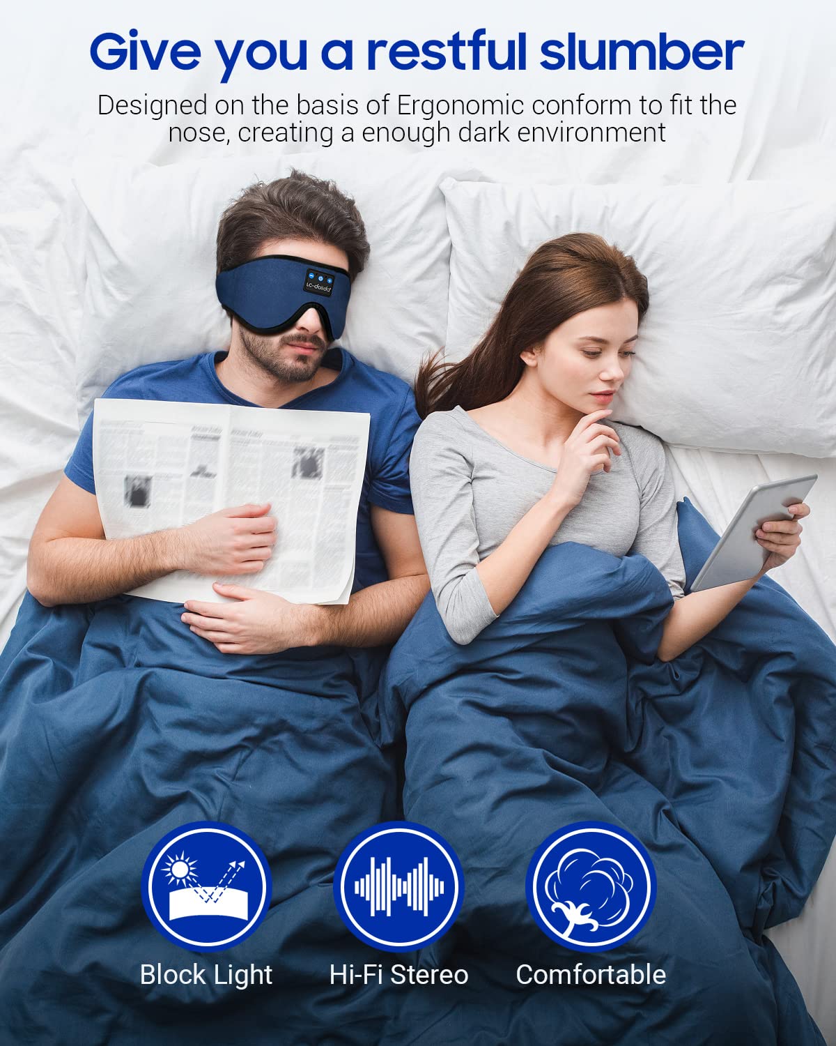 LC-dolida Sleep Headphones, 3D Sleep Mask Bluetooth Wireless Music Eye Mask, Sleeping Headphones for Side Sleepers Sleep Mask with Bluetooth Headphones Ultra-Thin Stereo Speakers Perfect for Sleeping