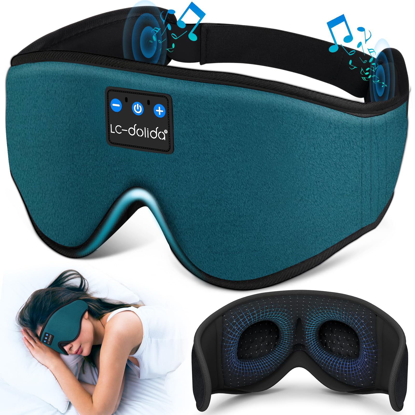 LC-dolida Sleep Headphones, 3D Sleep Mask Bluetooth Wireless Music Eye Mask, Sleeping Headphones for Side Sleepers Sleep Mask with Bluetooth Headphones Ultra-Thin Stereo Speakers Perfect for Sleeping