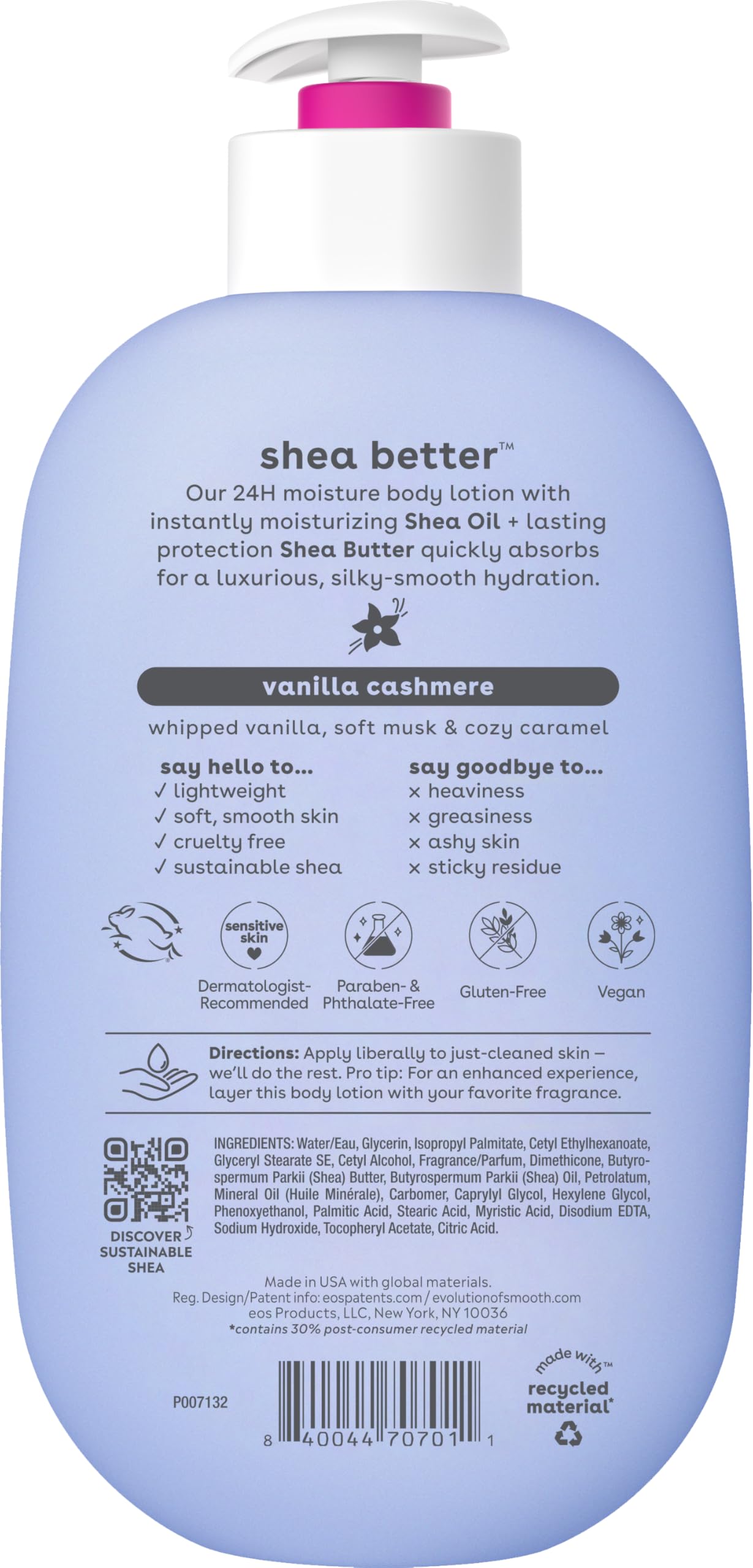 eos Shea Better Body Lotion Vanilla Cashmere, 24-Hour Moisture Skin Care, Lightweight & Non-Greasy, Natural Shea, Vegan, Vanilla Body Lotion, 16 fl oz