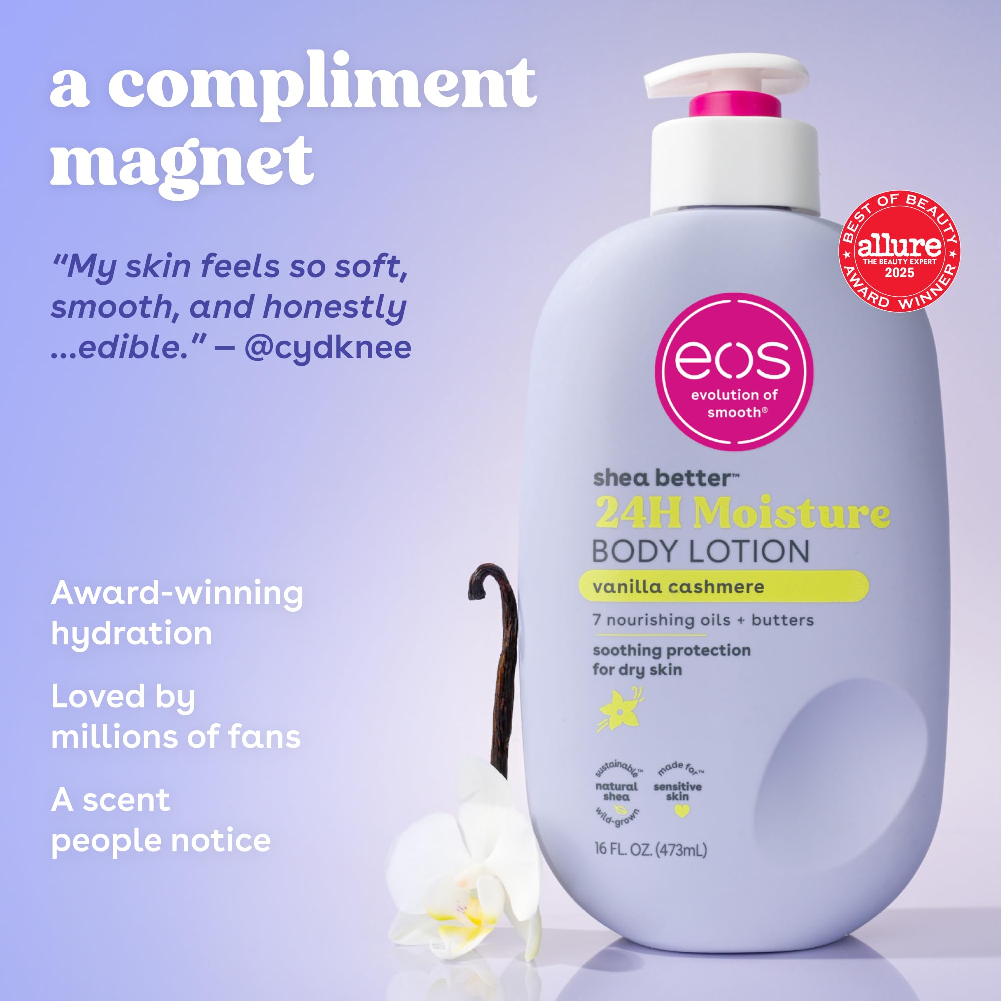 eos Shea Better Body Lotion Vanilla Cashmere, 24-Hour Moisture Skin Care, Lightweight & Non-Greasy, Natural Shea, Vegan, Vanilla Body Lotion, 16 fl oz
