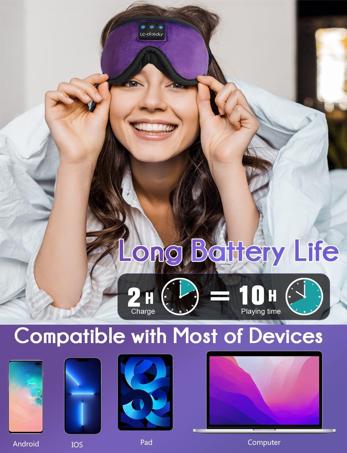 LC-dolida Sleep Headphones, 3D Sleep Mask Bluetooth Wireless Music Eye Mask, Sleeping Headphones for Side Sleepers Sleep Mask with Bluetooth Headphones Ultra-Thin Stereo Speakers Perfect for Sleeping