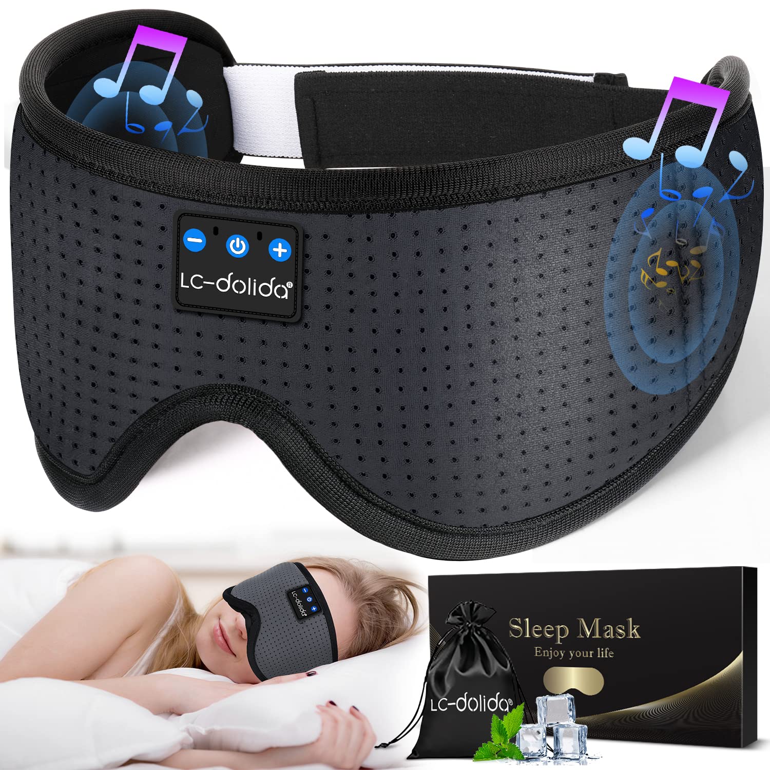 LC-dolida Sleep Headphones, 3D Sleep Mask Bluetooth Wireless Music Eye Mask, Sleeping Headphones for Side Sleepers Sleep Mask with Bluetooth Headphones Ultra-Thin Stereo Speakers Perfect for Sleeping