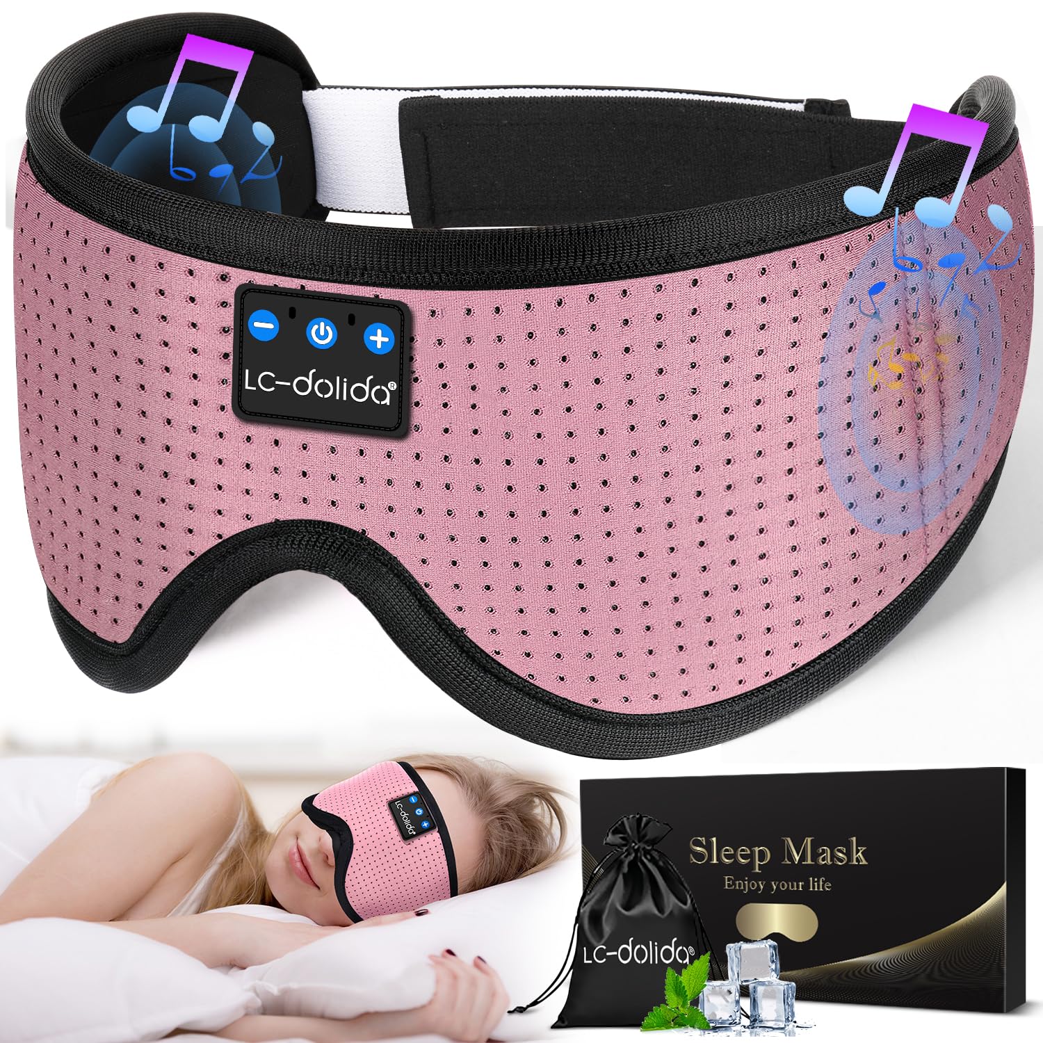LC-dolida Sleep Headphones, 3D Sleep Mask Bluetooth Wireless Music Eye Mask, Sleeping Headphones for Side Sleepers Sleep Mask with Bluetooth Headphones Ultra-Thin Stereo Speakers Perfect for Sleeping