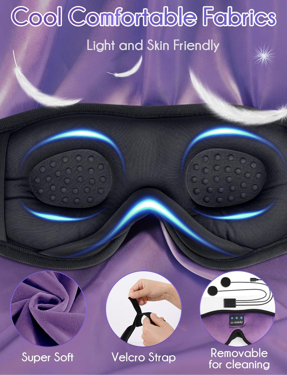 LC-dolida Sleep Headphones, 3D Sleep Mask Bluetooth Wireless Music Eye Mask, Sleeping Headphones for Side Sleepers Sleep Mask with Bluetooth Headphones Ultra-Thin Stereo Speakers Perfect for Sleeping