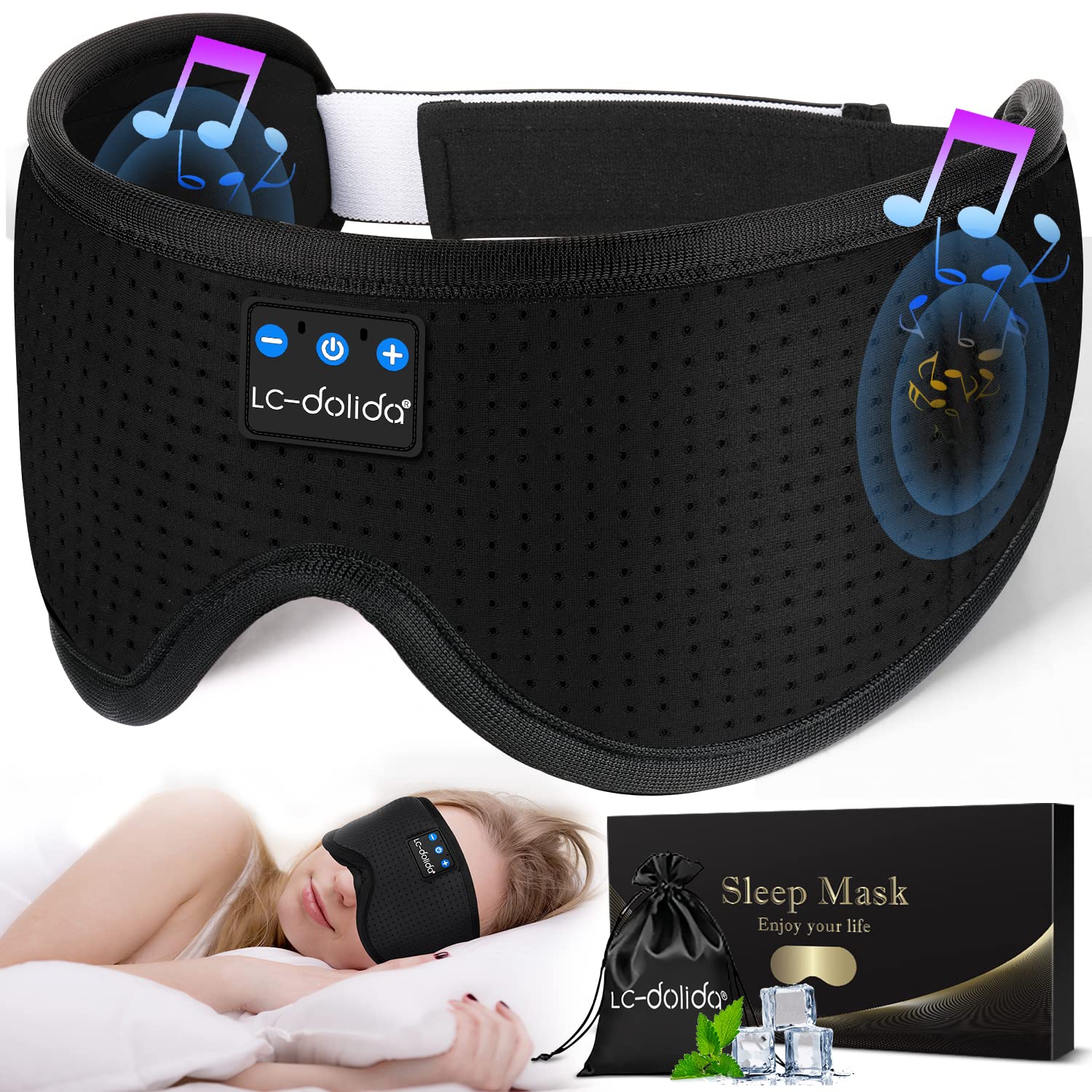 LC-dolida Sleep Headphones, 3D Sleep Mask Bluetooth Wireless Music Eye Mask, Sleeping Headphones for Side Sleepers Sleep Mask with Bluetooth Headphones Ultra-Thin Stereo Speakers Perfect for Sleeping